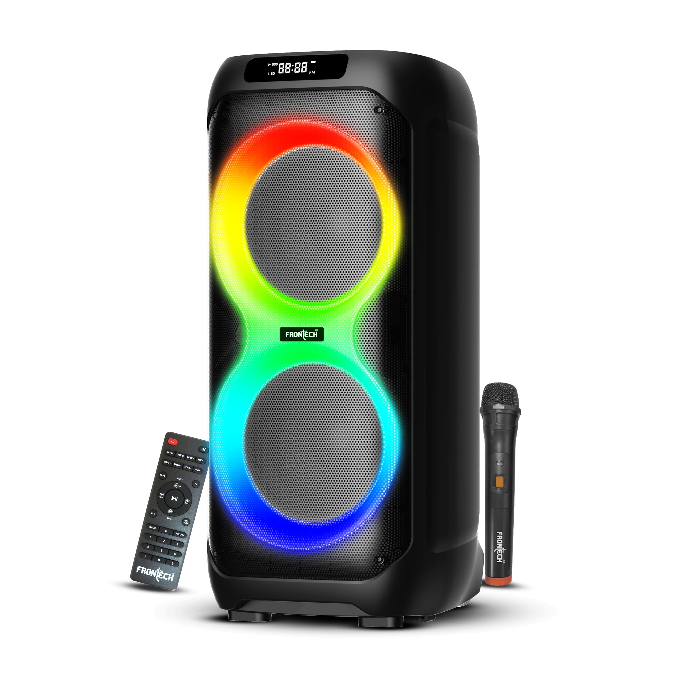 FRONTECH Smash PRO-95P Multimedia Bluetooth Speaker | 150W Output | RGB Lights | Wireless Mic & Karaoke | Dual 10 FRONTECH Smash PRO-95P Multimedia Bluetooth Speaker | 150W Output | RGB Lights | Wireless Mic & Karaoke | Dual 10
